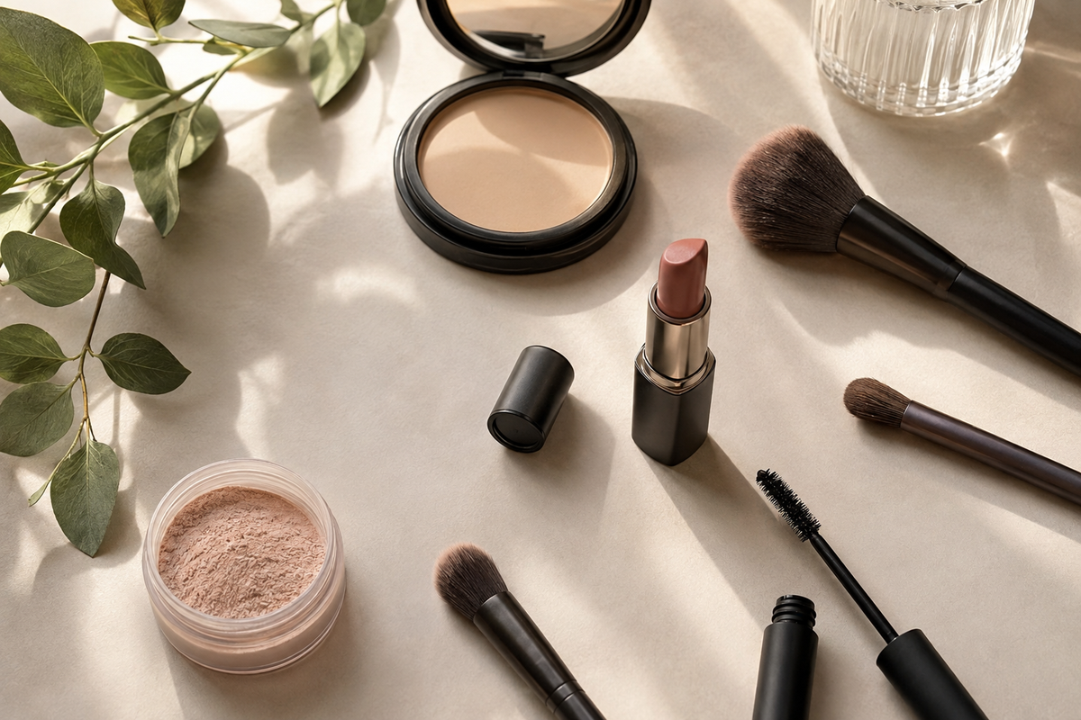 Unbranded vegan makeup products and brushes with green leaves