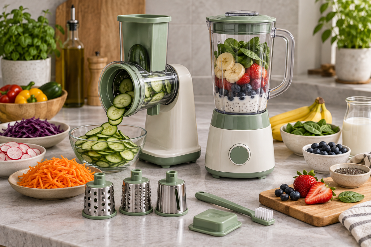 Portable vegetable slicer and blender on a kitchen counter