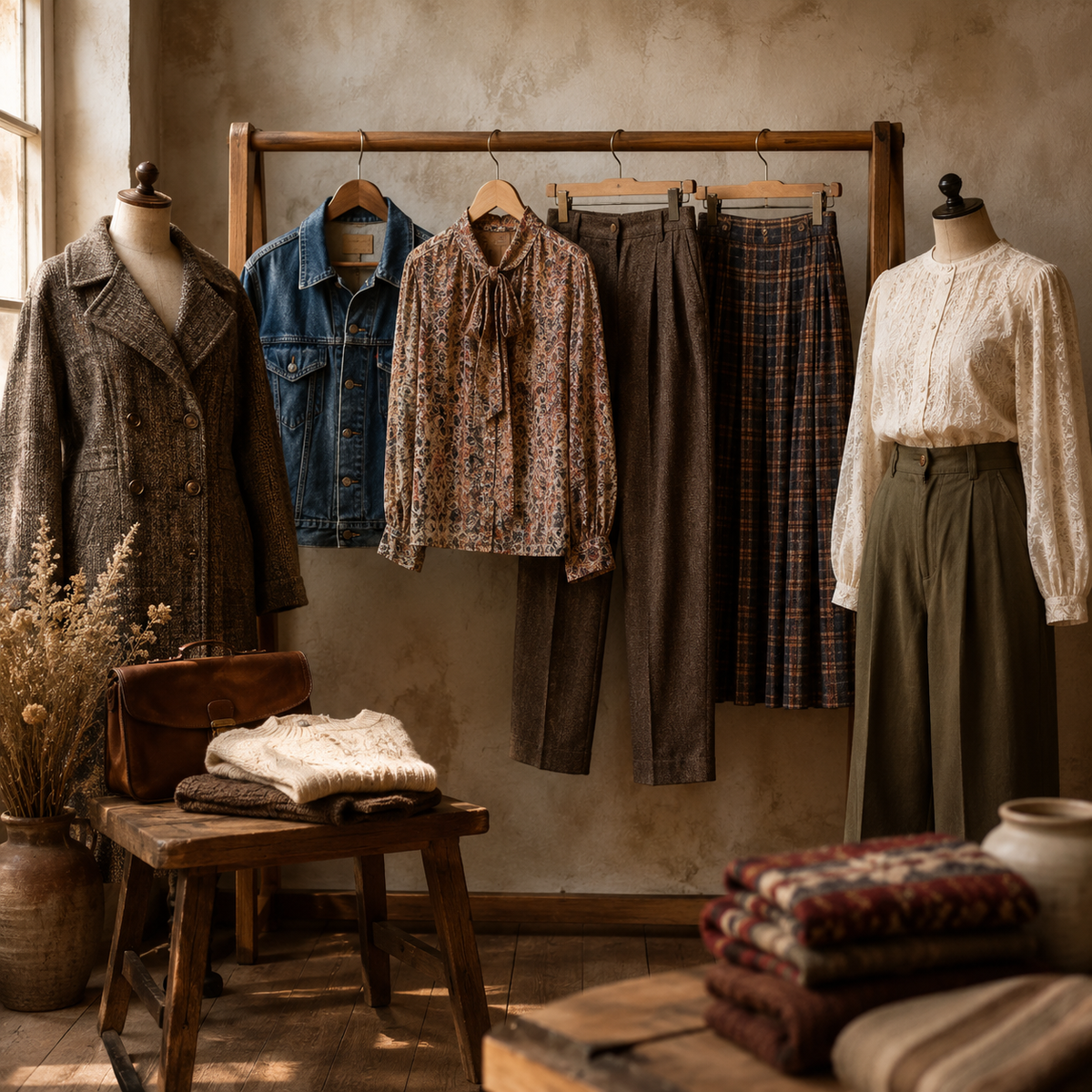 Unbranded vintage clothing displayed in a warm wardrobe studio