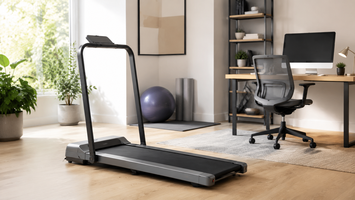 Compact walking treadmill in a bright home office