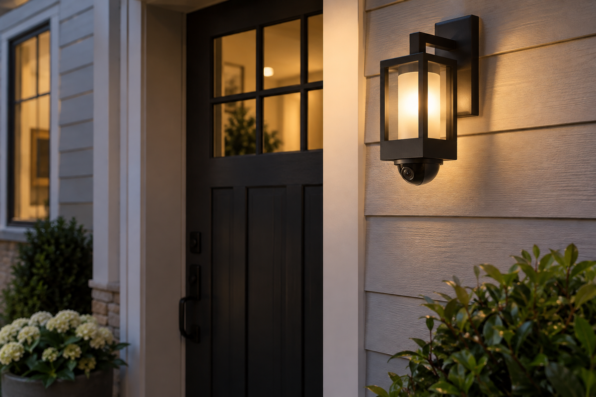 Outdoor wall lamp with camera near an entryway