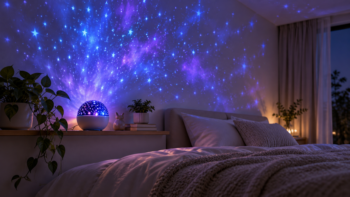 Wall star projector creating a calm decorative pattern on a bedroom wall