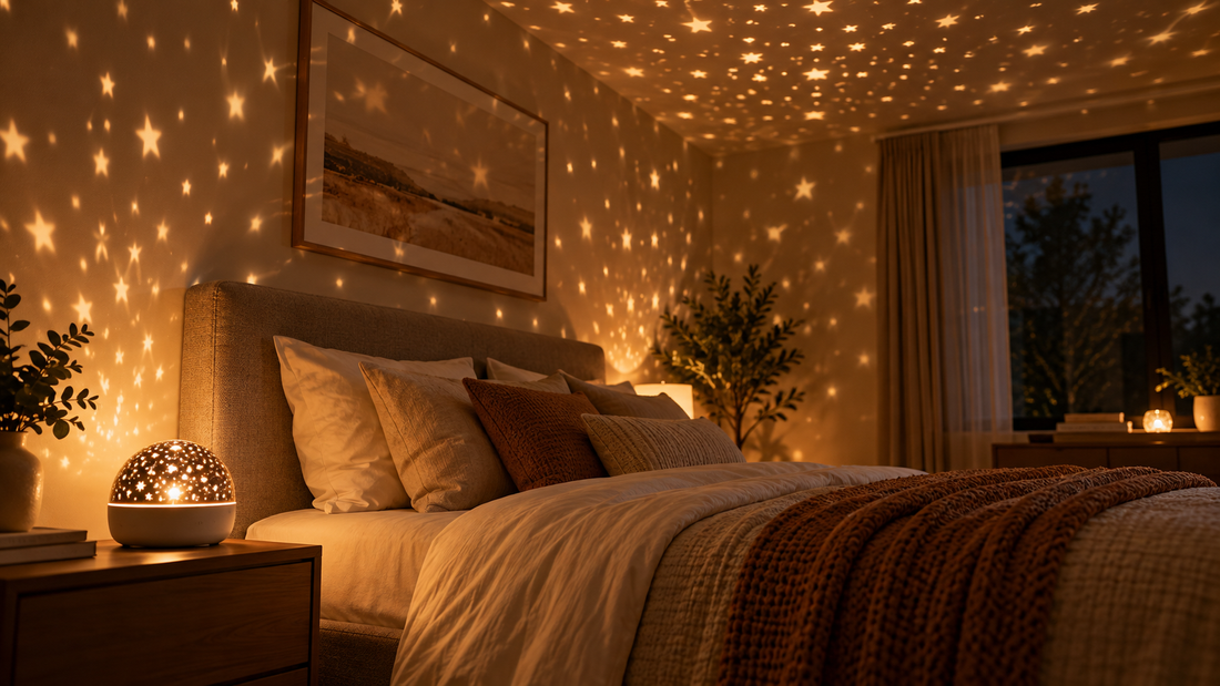 Warm-white star projector lighting a cozy bedroom