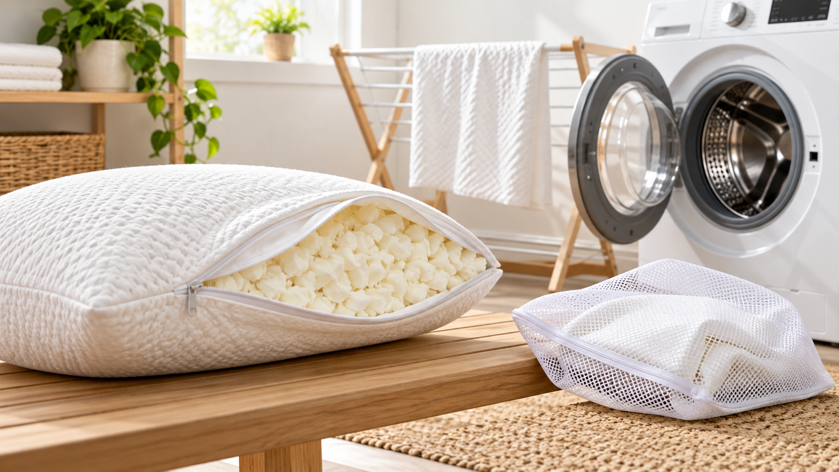 Shredded memory-foam pillow with washable cover in a laundry room