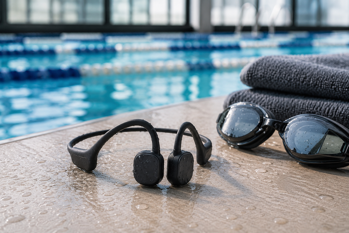 Generic waterproof swimming earbuds beside pool goggles