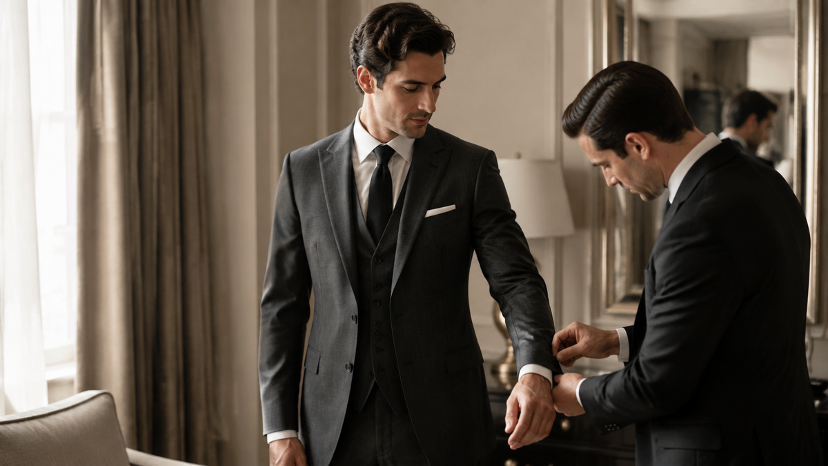 Groom having the cuff of his wedding suit adjusted