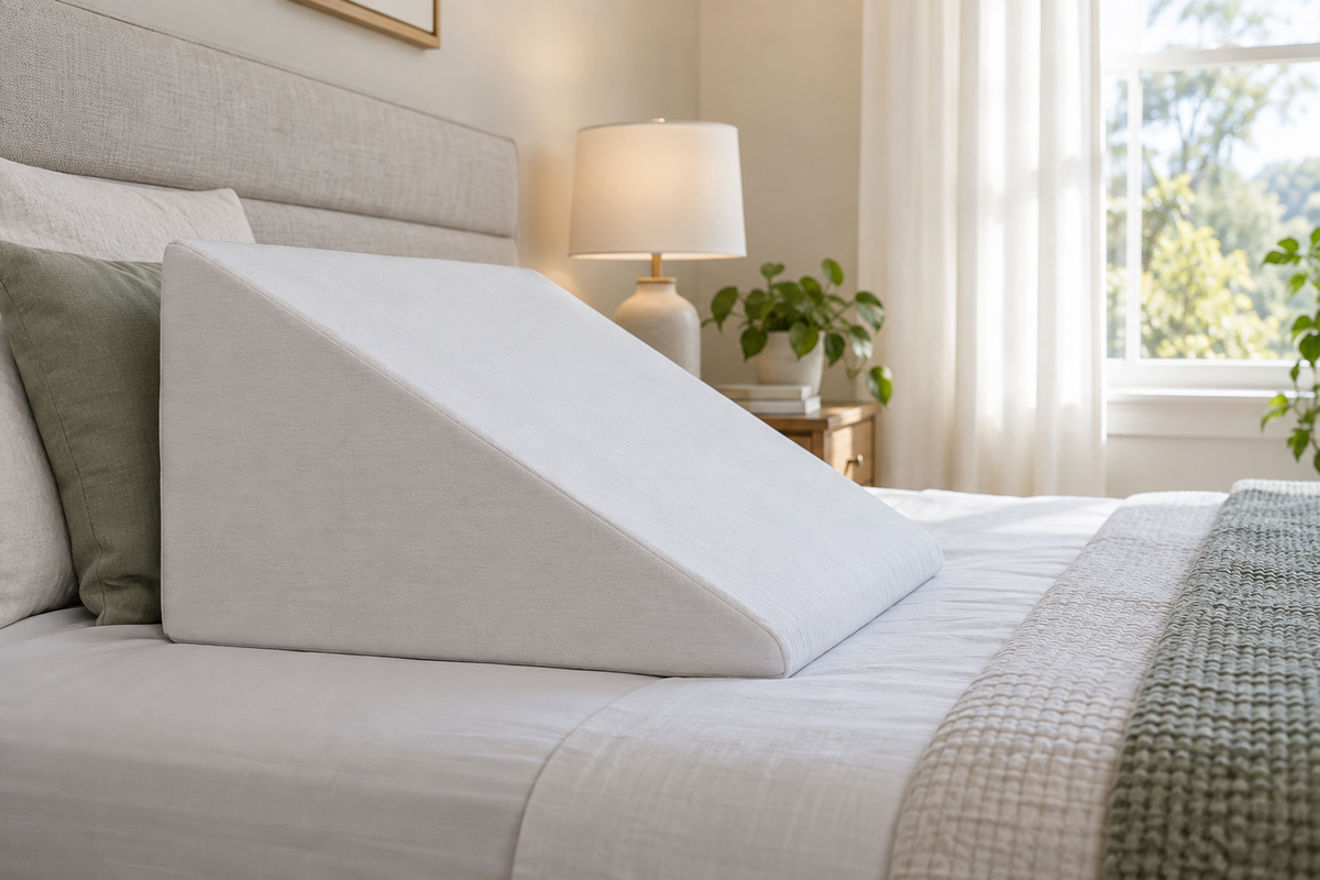 Plain foam wedge pillow on a bed