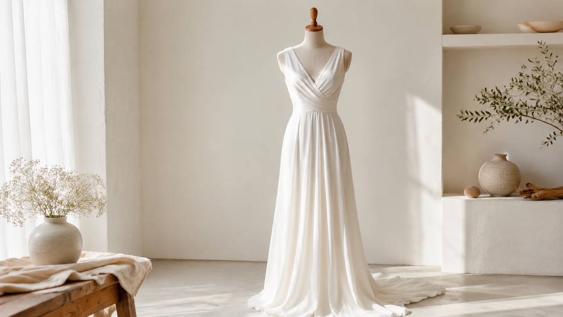 Elegant white dress in a minimalist studio