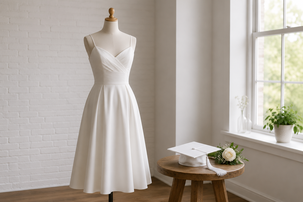 White graduation dress on a mannequin in a bright studio