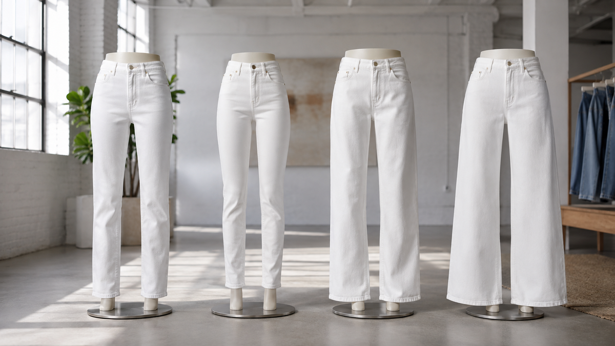 Unbranded white jeans in several silhouettes in a clean denim studio
