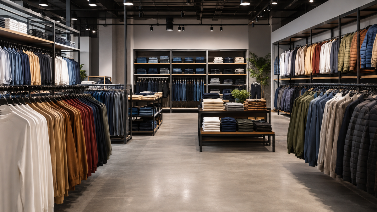 Organized generic clothing inventory in a modern showroom