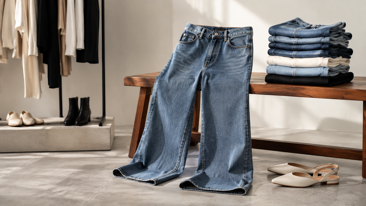 Wide leg jeans in a fashion studio