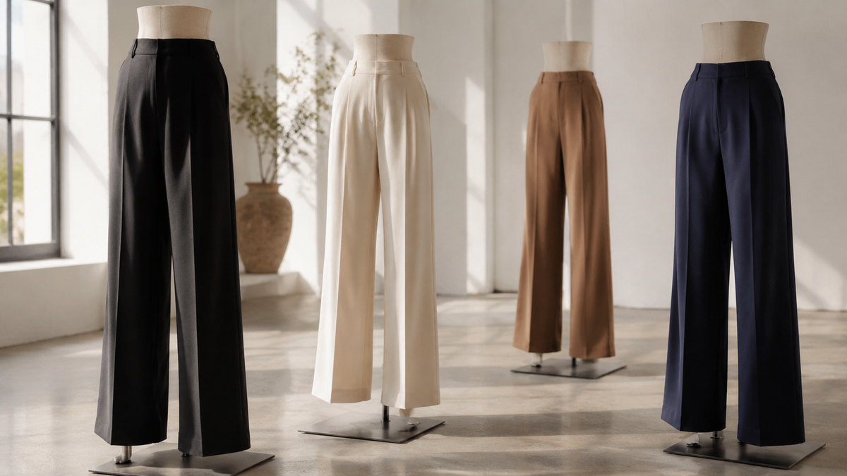 Unbranded wide leg pants displayed in a bright fashion studio