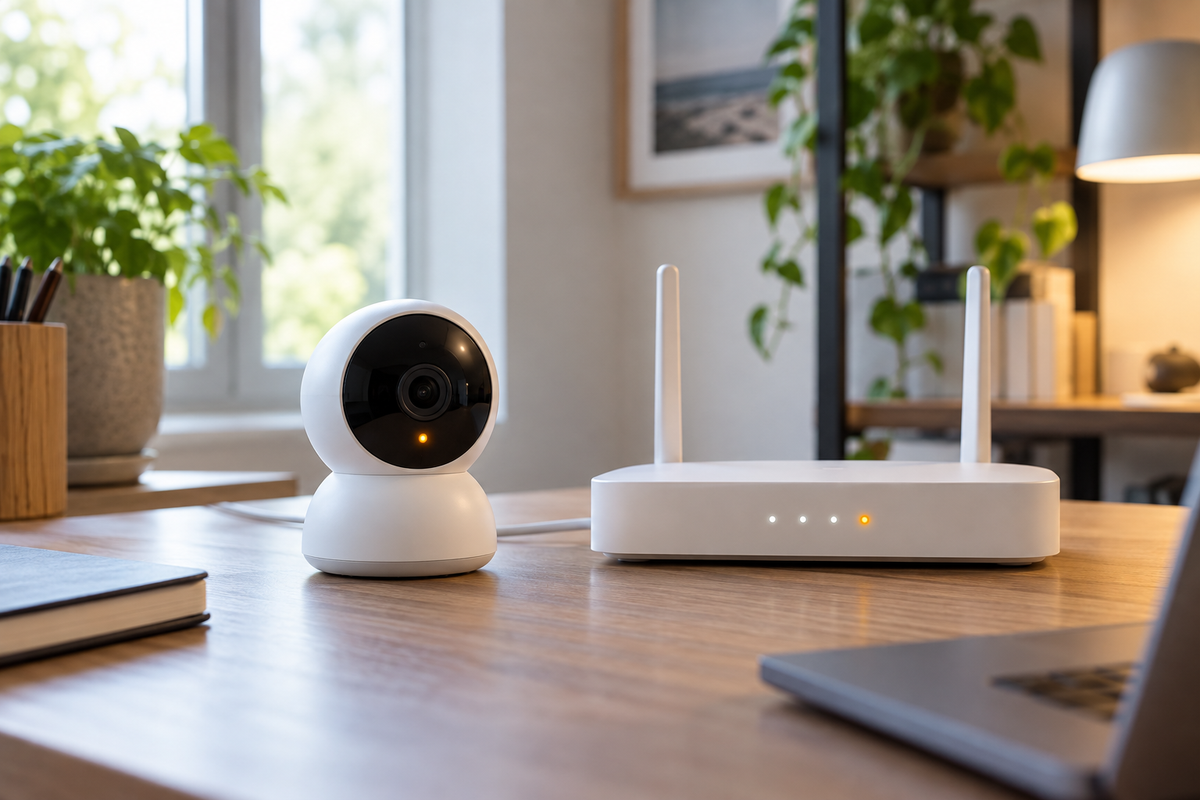 Generic Wi-Fi security camera and home router for connection troubleshooting