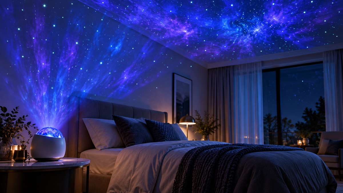 Generic Wi-Fi galaxy projector casting blue and violet stars across a modern bedroom ceiling