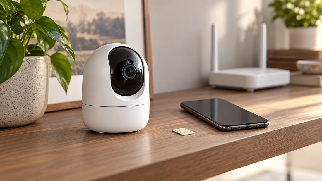 Wi-Fi security camera with SIM support, router, and phone