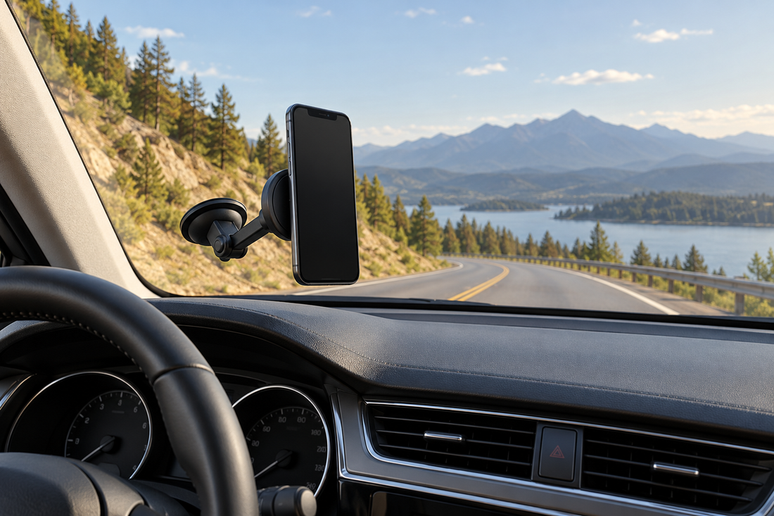 Windshield magnetic phone mount in a parked car