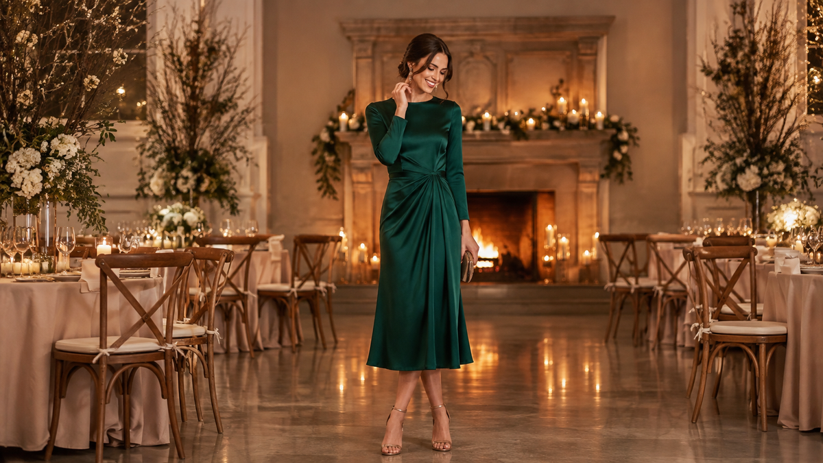 Woman wearing a green winter wedding guest dress in an elegant venue