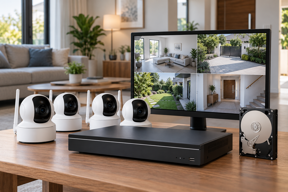 Wireless 360-degree CCTV cameras, recorder, storage drive, and monitor