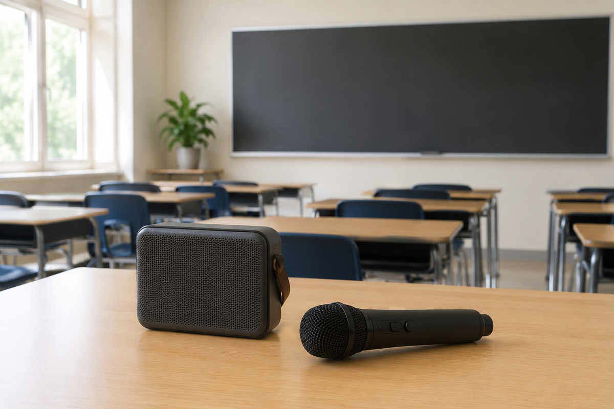 Generic wireless classroom microphone and compact speaker
