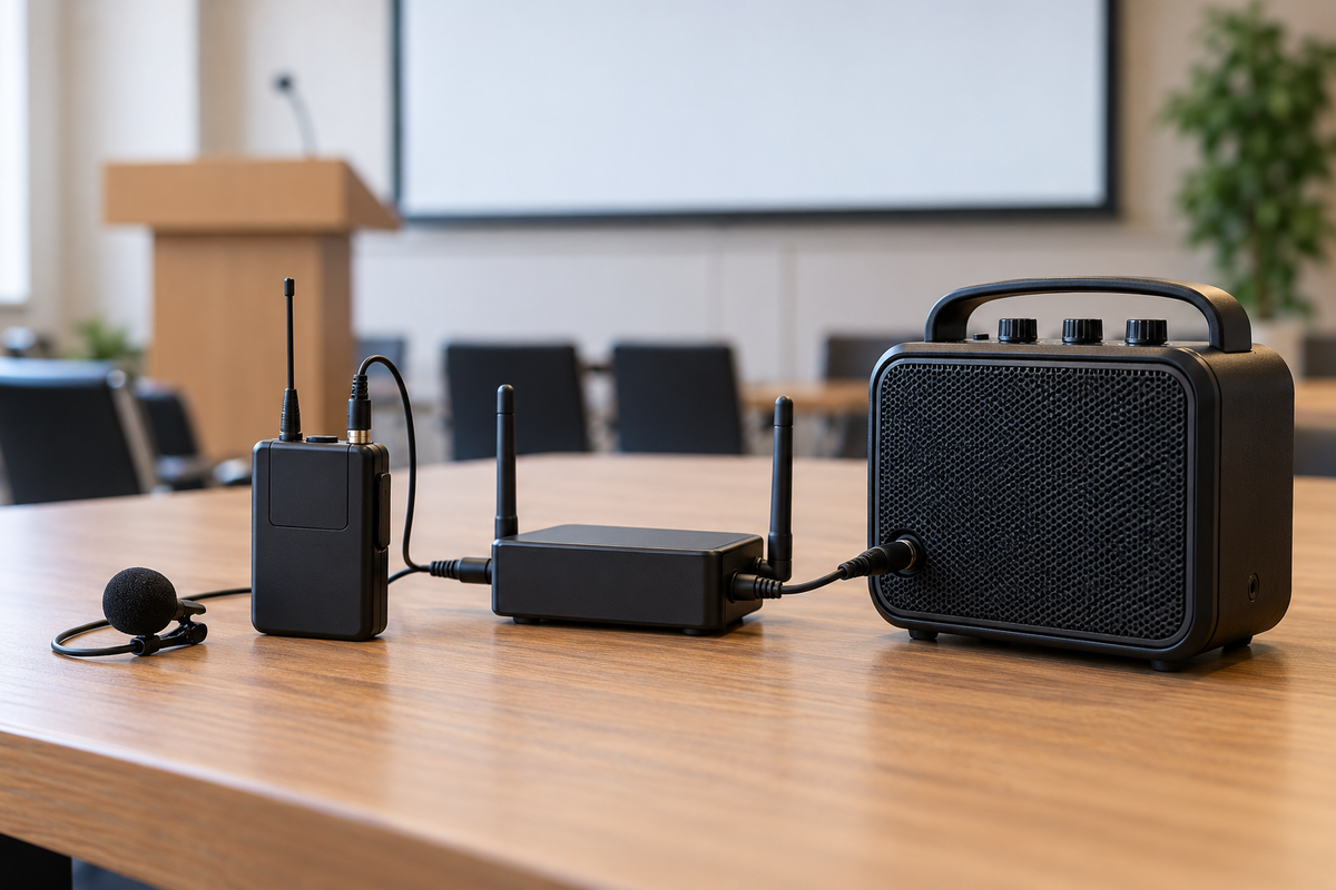 Wireless collar microphone connected to a portable amplifier