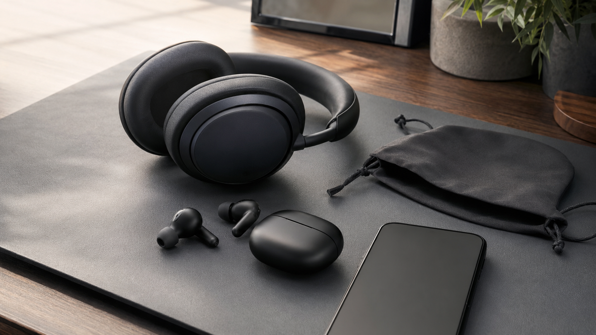 Wireless headphones and earbuds on a clean modern desk