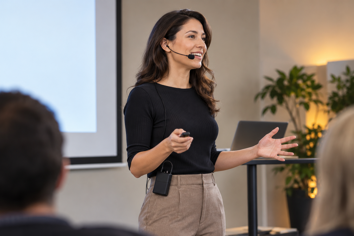 Presenter wearing a generic wireless headset microphone and bodypack