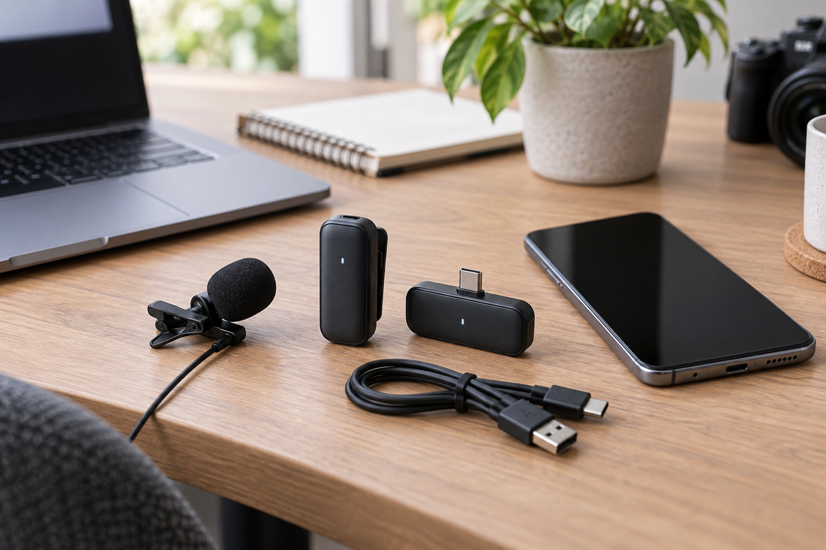 Wireless lavalier microphone kit on a desk
