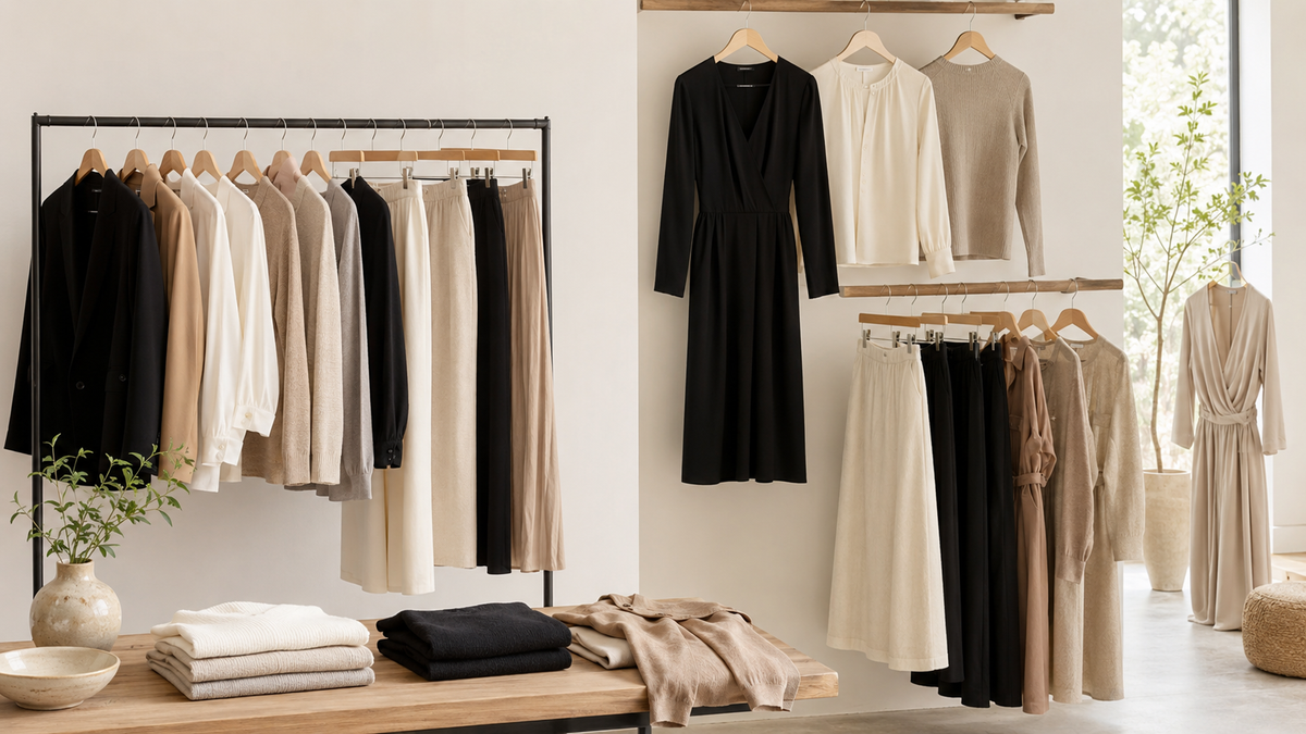 Coordinated women's capsule wardrobe in neutral colors