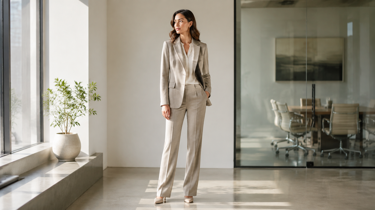 Tailored women's trouser suit in a modern office