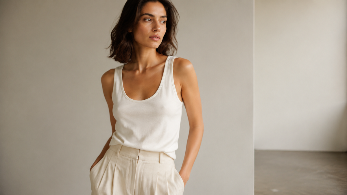 Woman wearing a plain white tank top in a minimalist studio