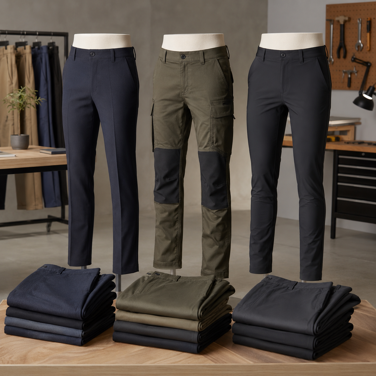 Unbranded work pants in office and utility styles