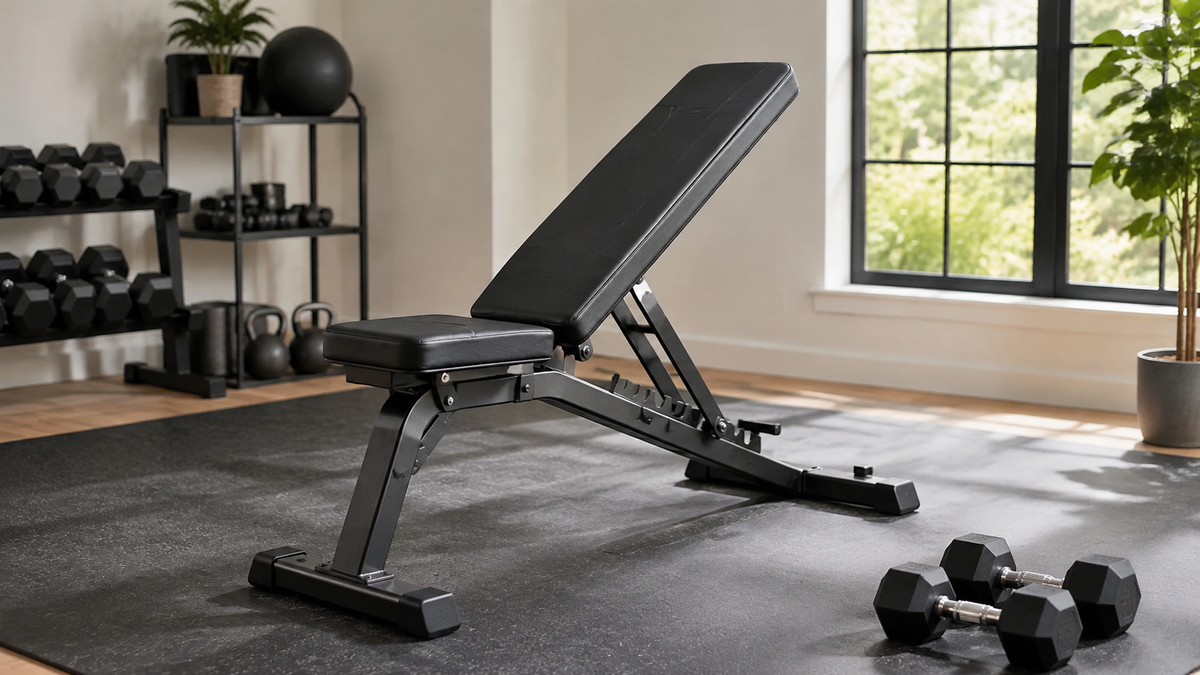 Adjustable workout bench in a clean home gym