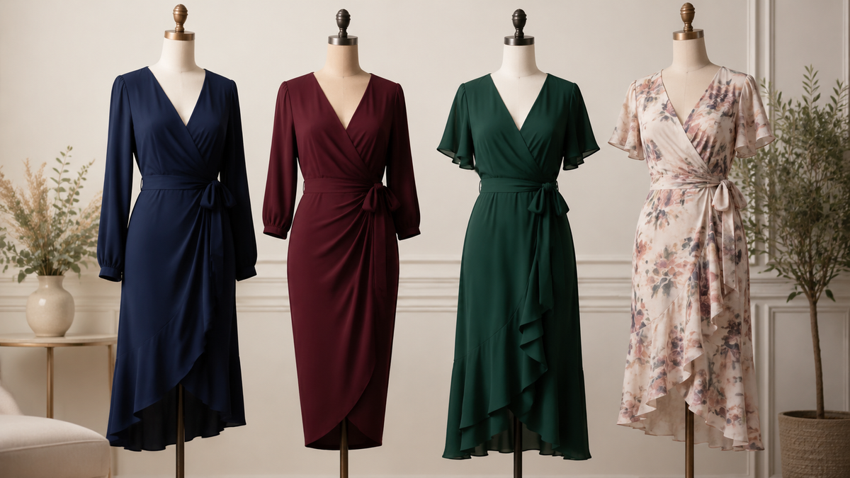 Unbranded wrap dresses displayed in an elegant neutral studio