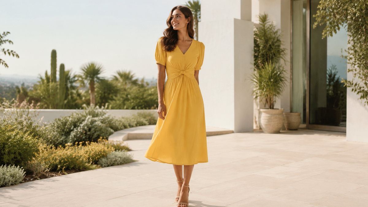 Woman wearing a yellow midi dress on a sunlit terrace