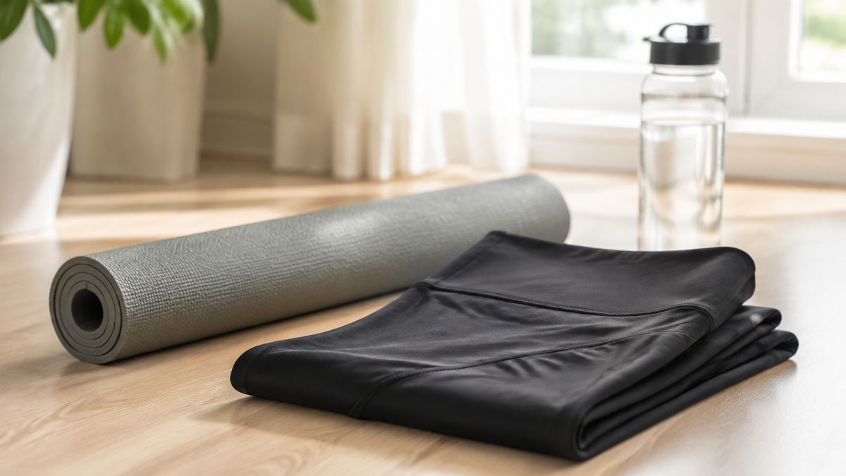 Yoga pants beside a mat and water bottle