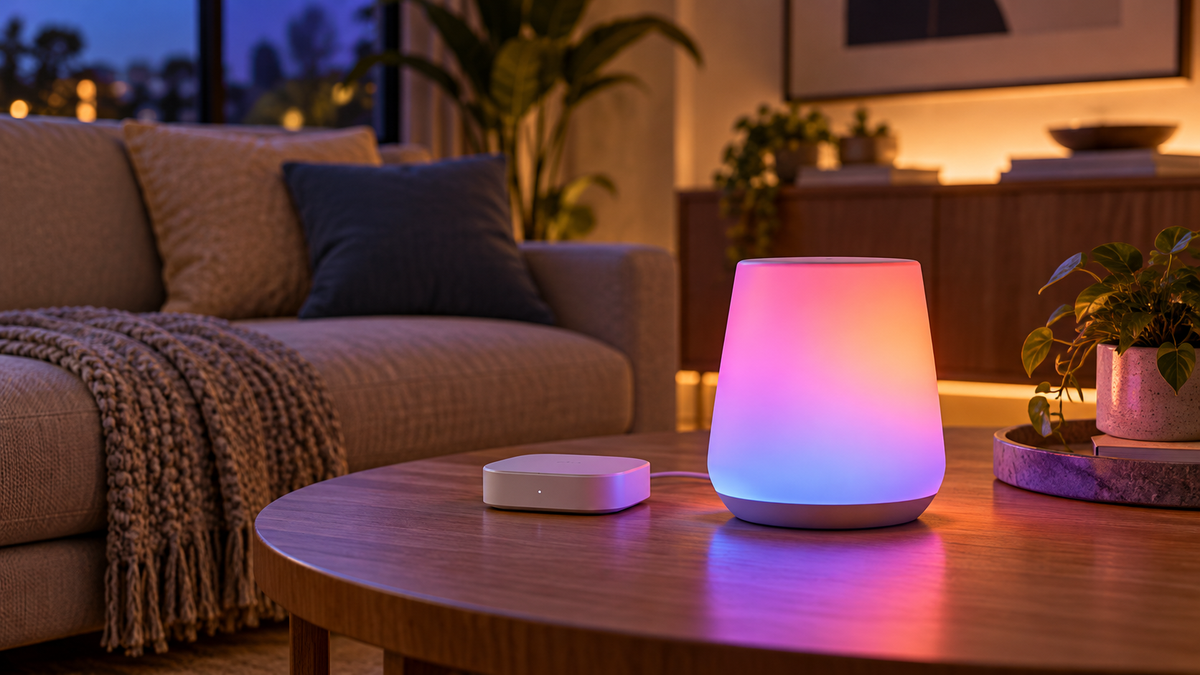 Zigbee RGB lamp beside a compact smart-home hub