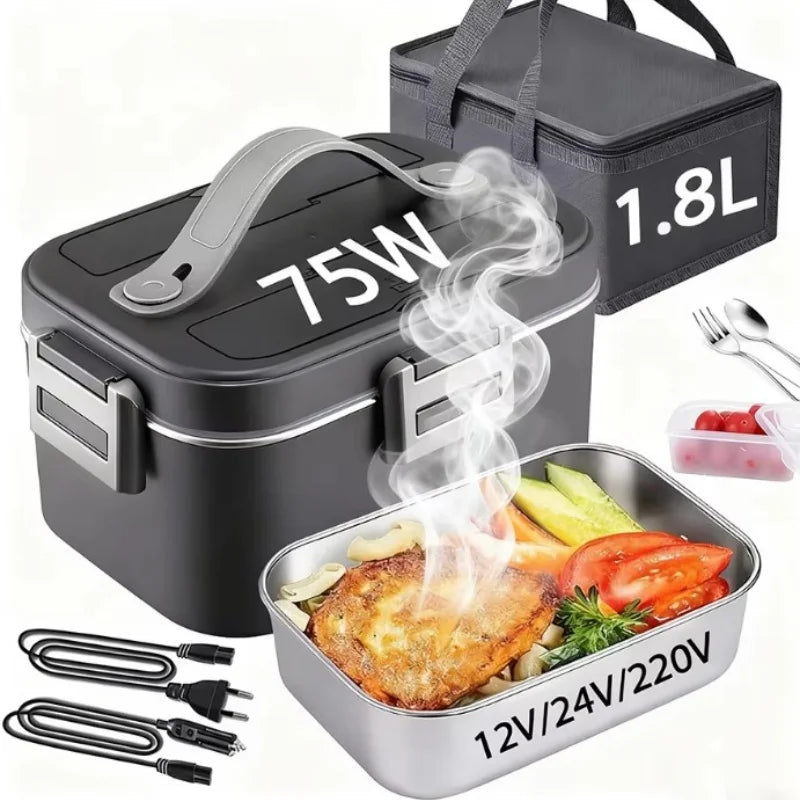 1.8L 220V 12V 24V Dual Use Home Car Electric Heating Lunch Box leaksafe Portable Food warm Container Stainless Steel