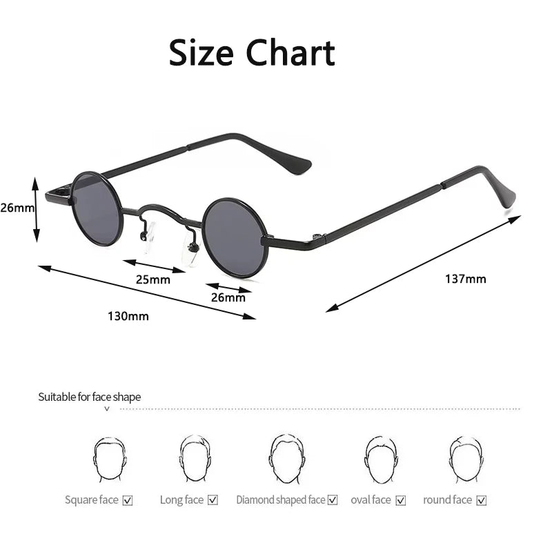 Vintage Rock Punk Man Sunglasses Classic Small Round Sunglasses Women Wide Bridge Metal Frame Black Lens Driving Eyewear
