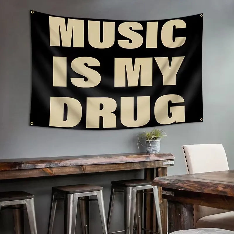 1PC  Music Is My Drug quote tapestry, designed for music lovers, features a minimalist black and brown font, adding a trendy de