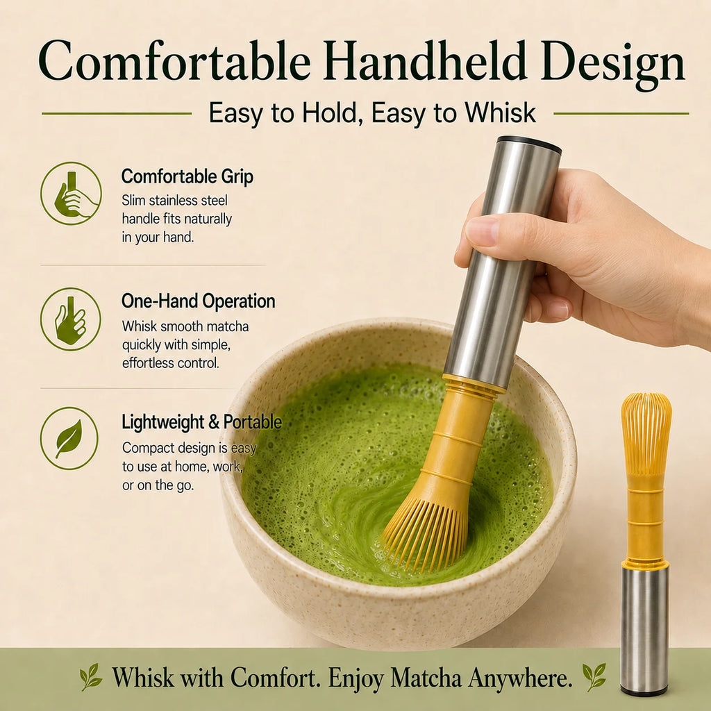 Portable USB Rechargeable Matcha Mixer with Bamboo-Style Whisk Head and Protective Storage Cover for Green Tea Preparation