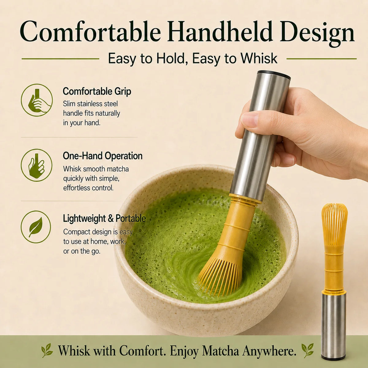 Portable USB Rechargeable Matcha Mixer with Bamboo-Style Whisk Head and Protective Storage Cover for Green Tea Preparation