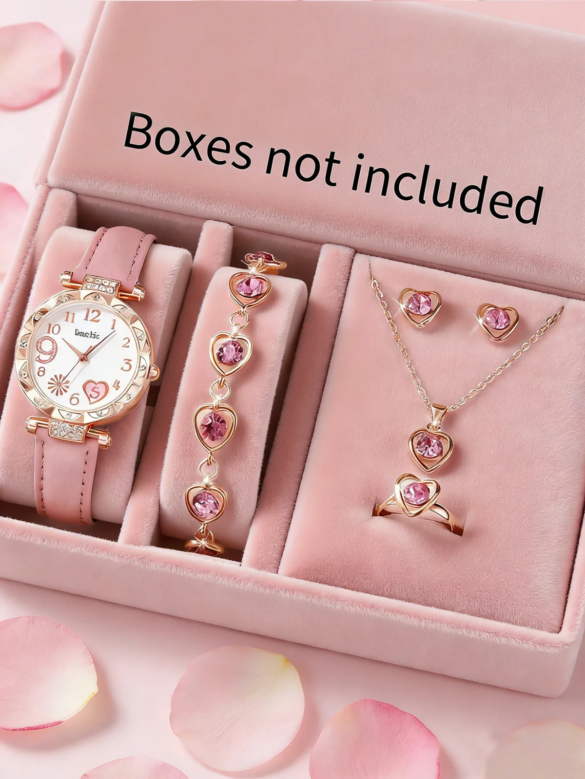 Women's Quartz Watch and Set of Inlaid Jewelry, Gift with Heart-Shaped Design, Does Not Include the Box