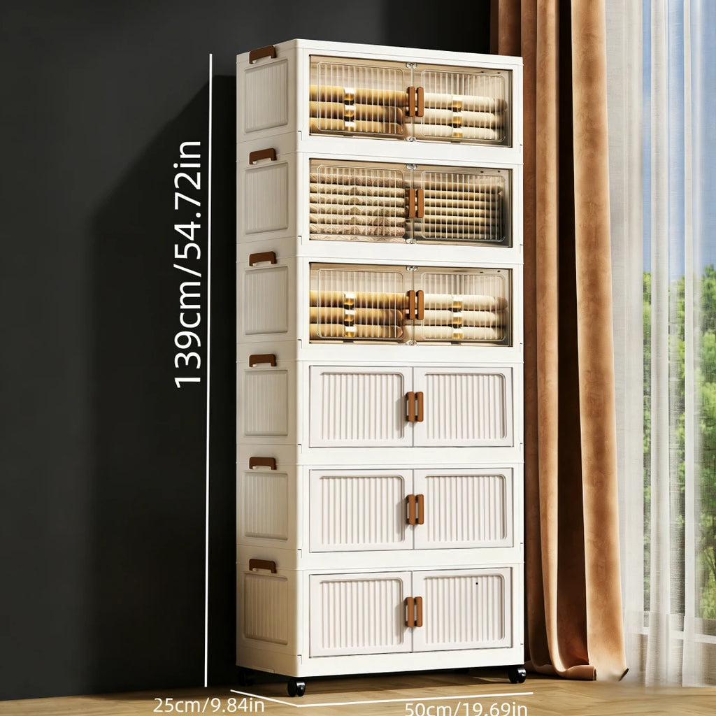 3/4/5/6-layer white plastic storage bins, foldable and stackable, with double doors, handles, and lockable wheels, see-through for easy storage, perfect for bedrooms, closets, and the living room