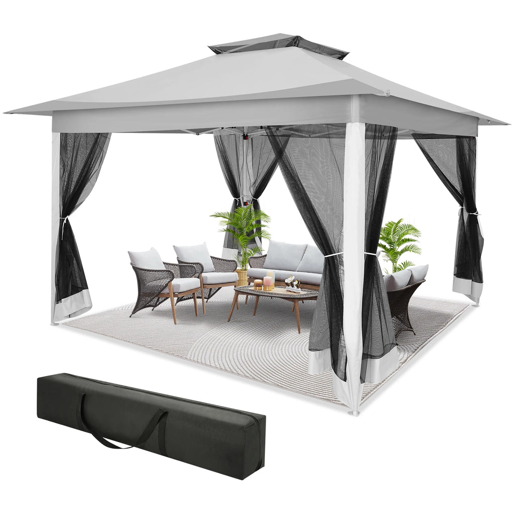 12x12ft Pop Up Gazebo Canopy Tent Easy Set Up Outdoor Portable Pavilion Sunshade Shelter With Mosquito Nettings & Sidewalls Double Vented Roof And Carry Bag For Patio Garden Lawn 3 Height Adjustable