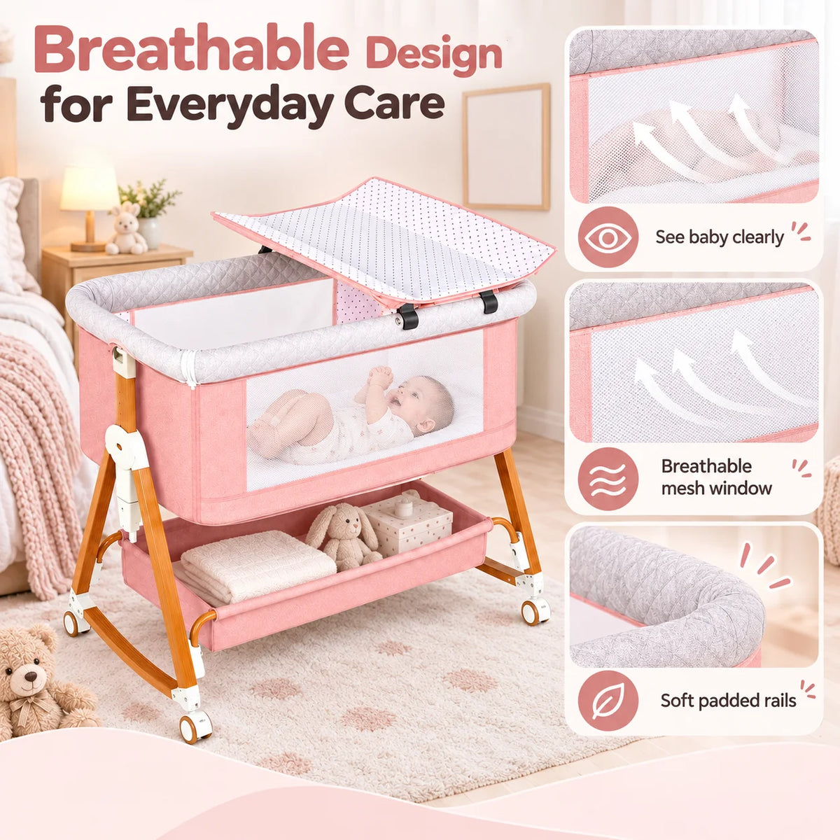 Kmaier Baby Bassinet Foldable Portable Bedside Crib,With Removable Changing Station,Storage Basket Breathable Mesh& Lockable Wheels,Pink Dark Grey