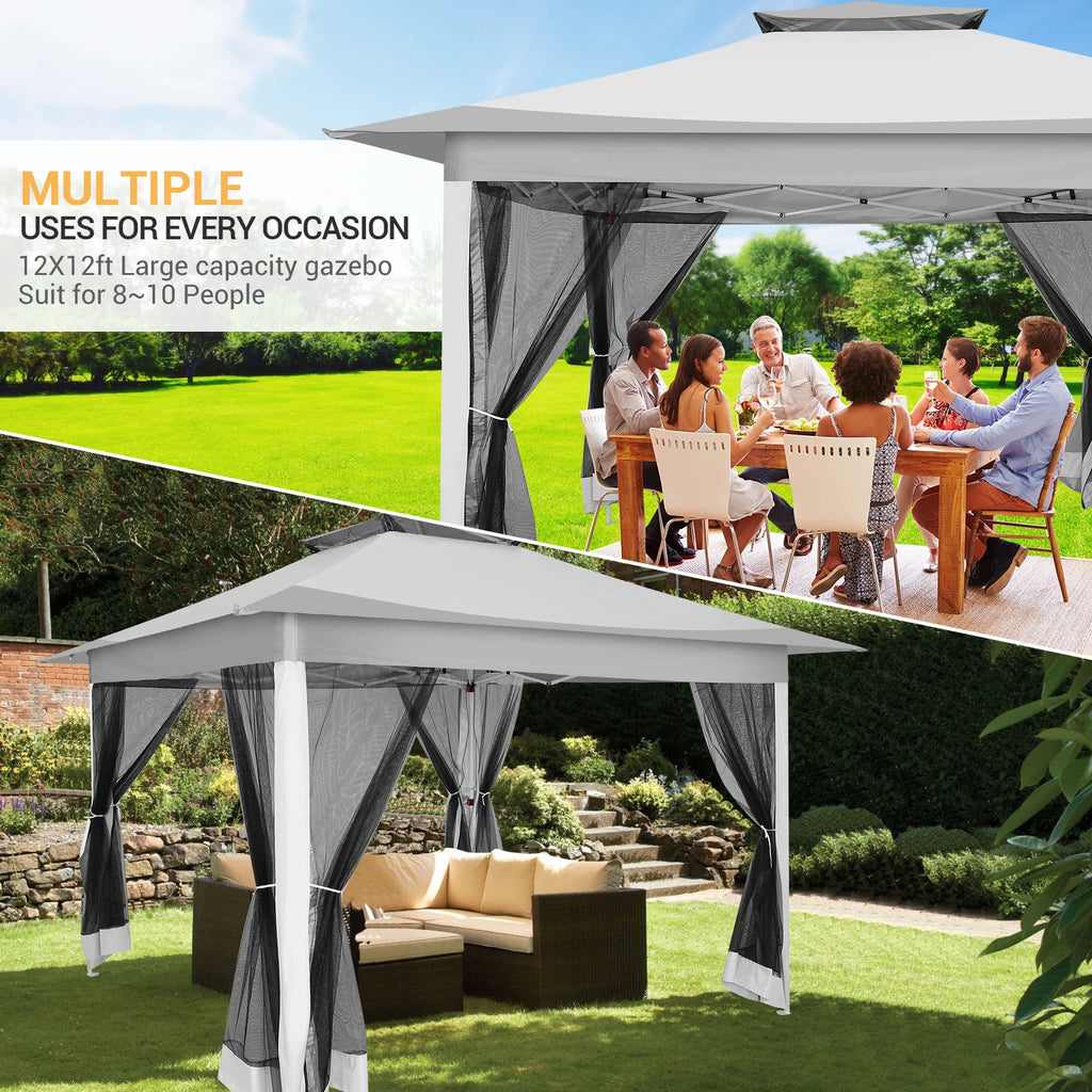 12x12ft Pop Up Gazebo Canopy Tent Easy Set Up Outdoor Portable Pavilion Sunshade Shelter With Mosquito Nettings & Sidewalls Double Vented Roof And Carry Bag For Patio Garden Lawn 3 Height Adjustable