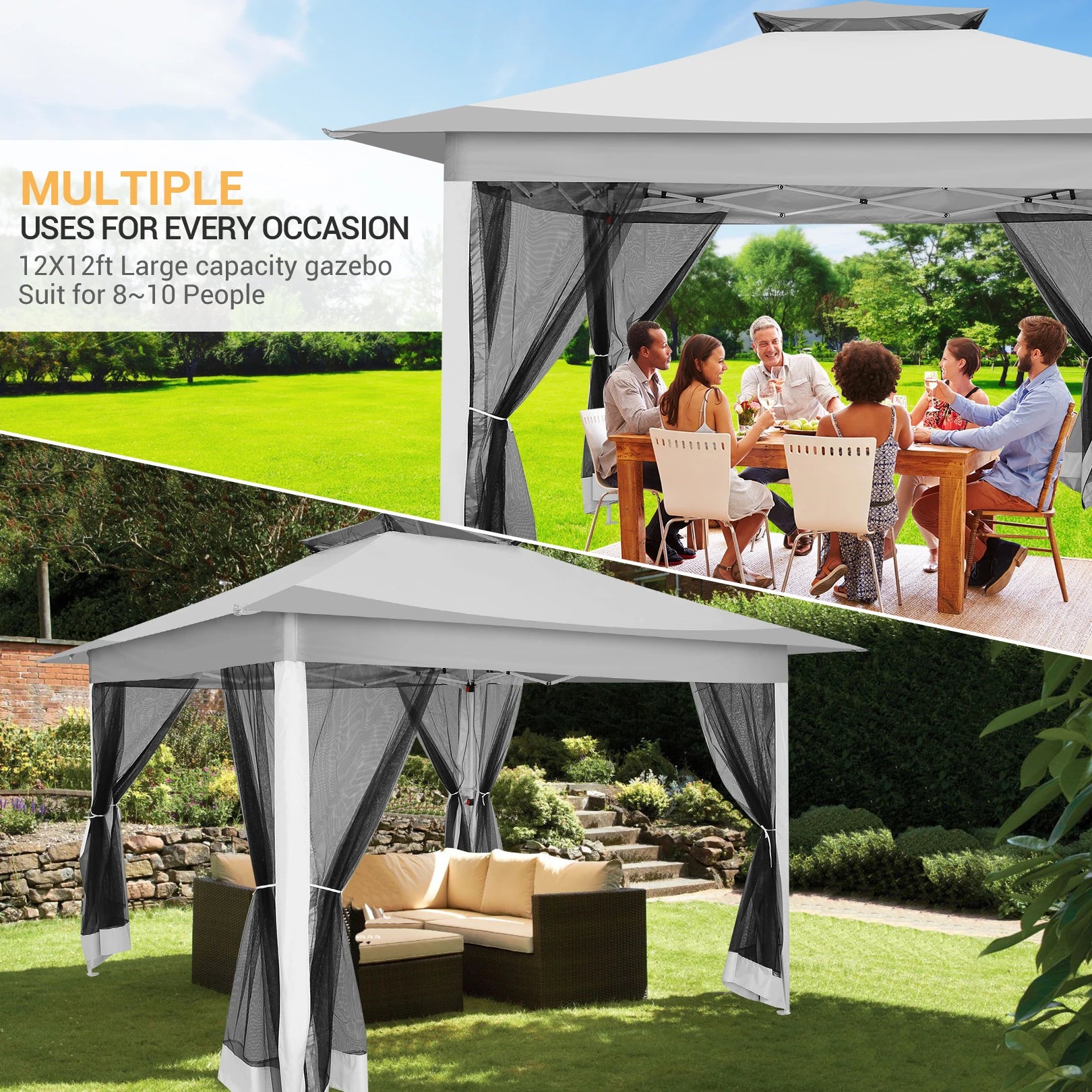 12x12ft Pop Up Gazebo Canopy Tent Easy Set Up Outdoor Portable Pavilion Sunshade Shelter With Mosquito Nettings & Sidewalls Double Vented Roof And Carry Bag For Patio Garden Lawn 3 Height Adjustable