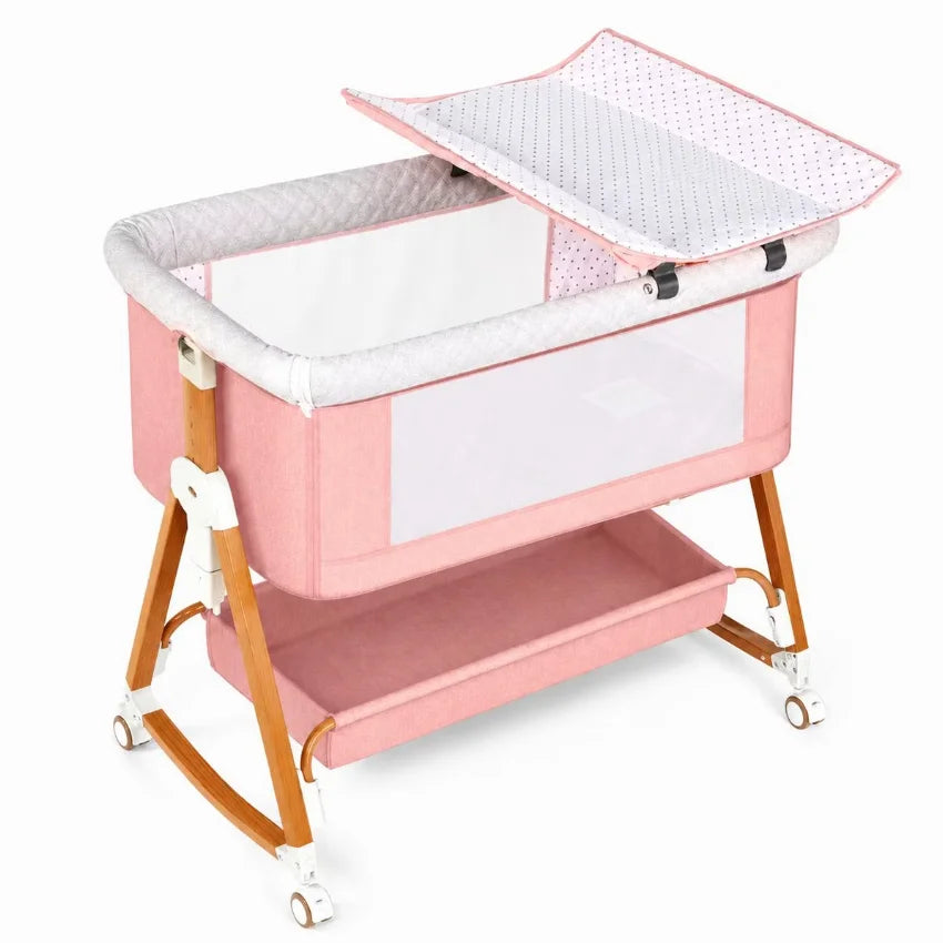 Kmaier Baby Bassinet Foldable Portable Bedside Crib,With Removable Changing Station,Storage Basket Breathable Mesh& Lockable Wheels,Pink Dark Grey