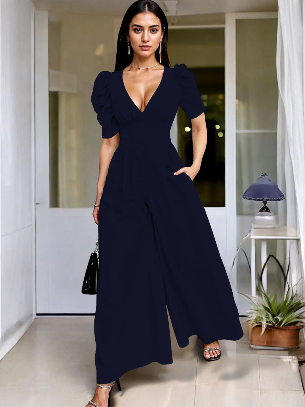 Wide Leg Jumpsuit V Neck Puff Sleeve Casual for Women